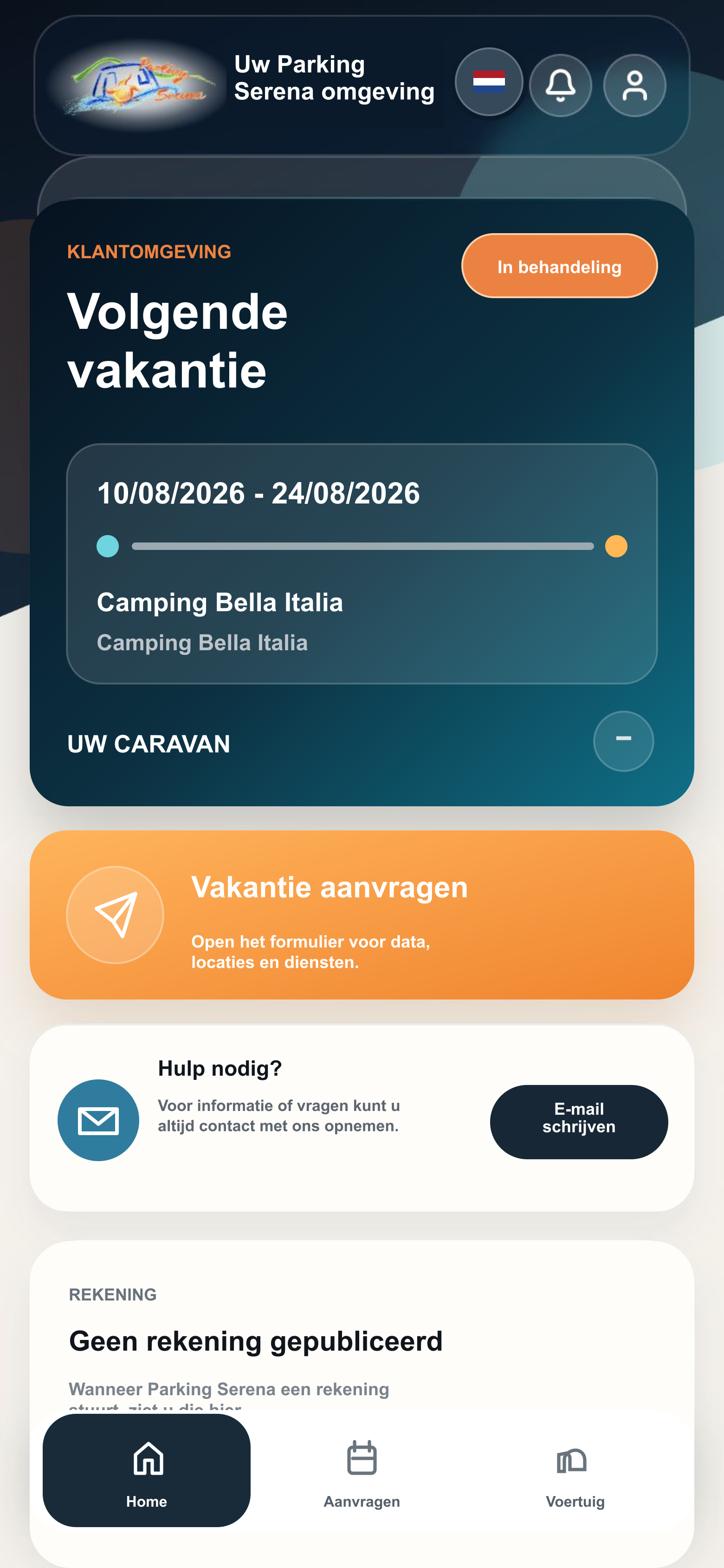 Home van de Parking Serena-app met de volgende vakantie en aanvraag