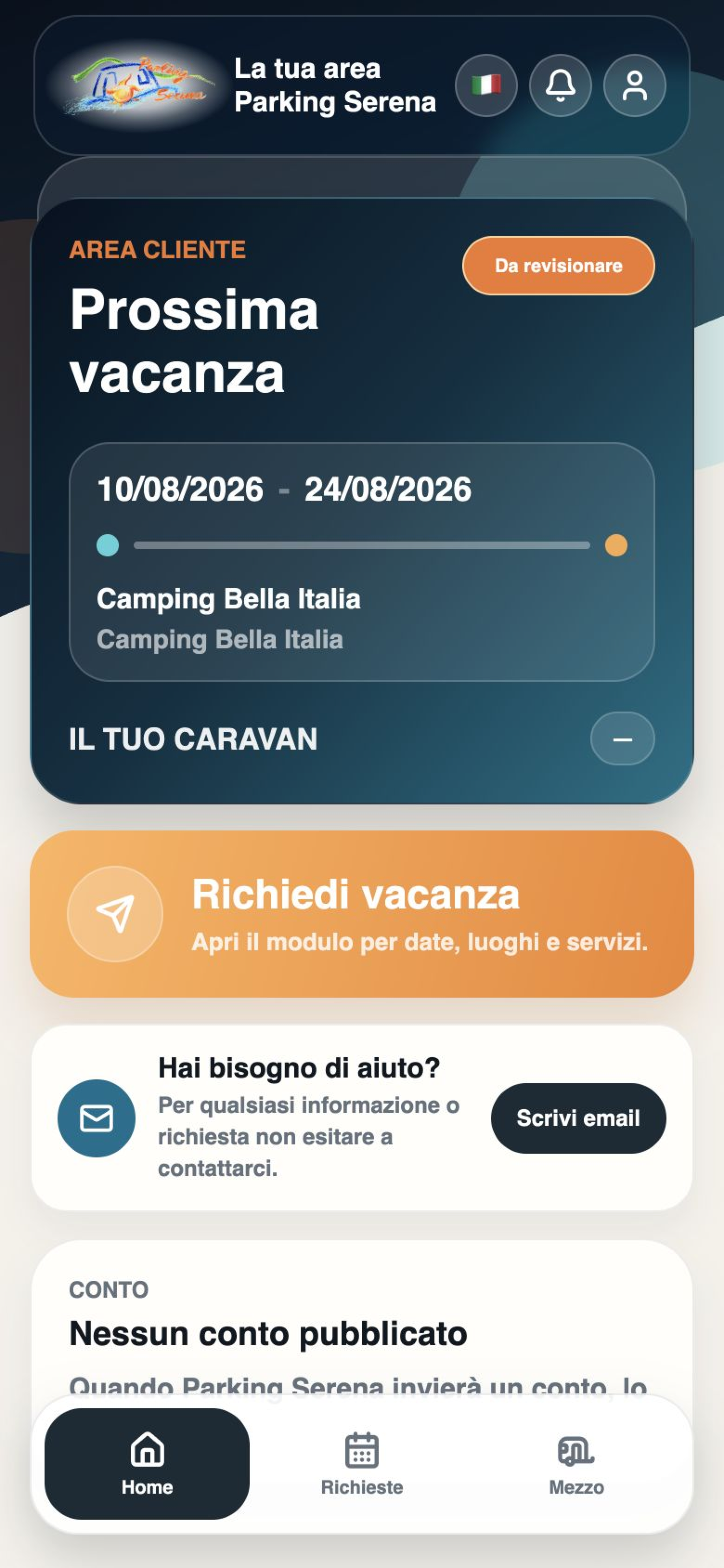 Home dell’app Parking Serena con la prossima vacanza e la richiesta del cliente