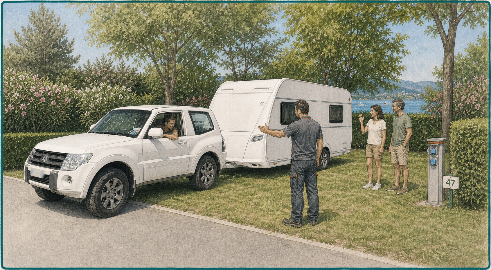 Parking Serena aiuta il cliente a posizionare la caravan in una piazzola sul Lago di Garda