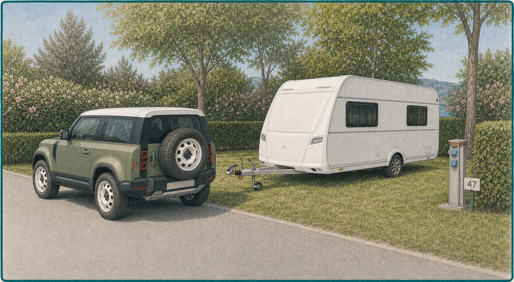 Defender 90 di Parking Serena in manovra verso il timone lasciato libero per il ritiro della caravan