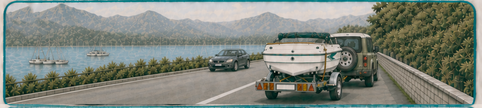 Defender di Parking Serena che traina la barca verso il Lago di Garda