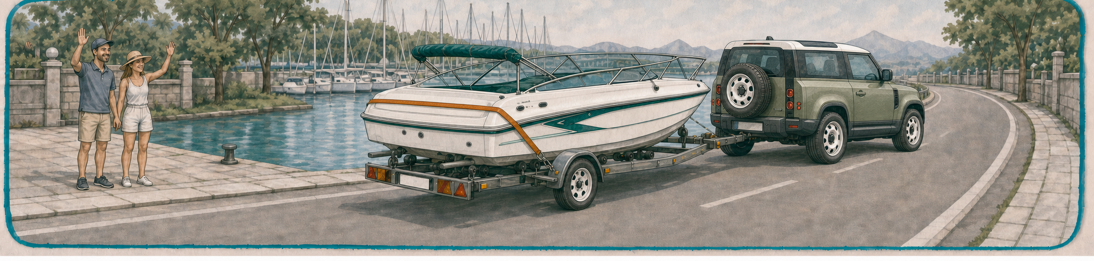 Alla fine della vacanza i clienti salutano mentre Parking Serena ritira la barca sul suo carrello